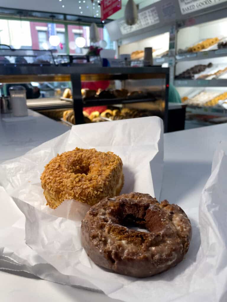 toasted cream donut and blueberry buttermilk donut from peter pan donut & pastry in greenpoint brooklyn nyc