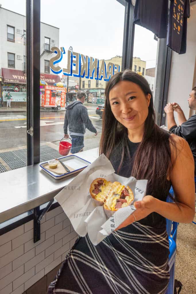 pastrami egg cheese on challah roll at frankel's delicatessen a jewlish deli in greenpoint brooklyn new york city